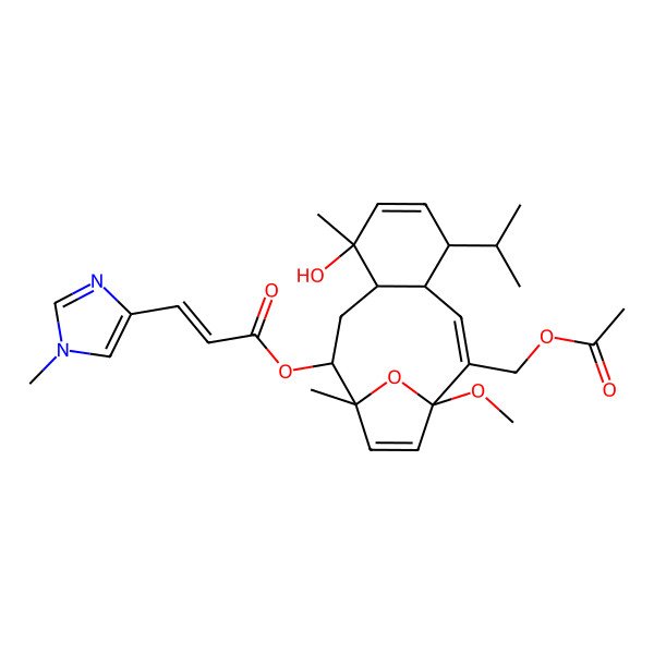 2D Structure of [(1S,2S,4R,5R,8S,9S,10Z,12R)-11-(acetyloxymethyl)-5-hydroxy-12-methoxy-1,5-dimethyl-8-propan-2-yl-15-oxatricyclo[10.2.1.04,9]pentadeca-6,10,13-trien-2-yl] (E)-3-(1-methylimidazol-4-yl)prop-2-enoate
