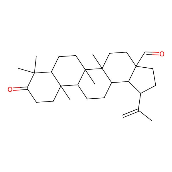2D Structure of (5aR,5bR,11aR)-5a,5b,8,8,11a-pentamethyl-9-oxo-1-prop-1-en-2-yl-2,3,4,5,6,7,7a,10,11,11b,12,13,13a,13b-tetradecahydro-1H-cyclopenta[a]chrysene-3a-carbaldehyde