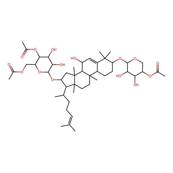 2D Structure of [(2R,3S,4R,5R,6R)-3-acetyloxy-6-[[(3S,7S,8R,9S,10S,13R,14S,16S,17R)-3-[(2S,3R,4R,5R)-5-acetyloxy-3,4-dihydroxyoxan-2-yl]oxy-7-hydroxy-4,4,9,13,14-pentamethyl-17-[(2R)-6-methylhept-5-en-2-yl]-2,3,7,8,10,11,12,15,16,17-decahydro-1H-cyclopenta[a]phenanthren-16-yl]oxy]-4,5-dihydroxyoxan-2-yl]methyl acetate