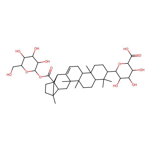 2D Structure of (2S,3S,4R,5R,6S)-6-[(1R,2S,4S,5S,10S,14R,15S,18S,20S)-1,2,8,15,19,19-hexamethyl-5-[(2S,3R,4S,5S,6R)-3,4,5-trihydroxy-6-(hydroxymethyl)oxan-2-yl]oxycarbonyl-18-hexacyclo[12.8.0.02,11.04,8.05,10.015,20]docos-11-enyl]-3,4,5-trihydroxyoxane-2-carboxylic acid