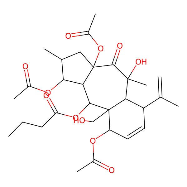 2D Structure of [1,3a,9-Triacetyloxy-5-hydroxy-9a-(hydroxymethyl)-2,5-dimethyl-4-oxo-6-prop-1-en-2-yl-1,2,3,5a,6,9,10,10a-octahydrobenzo[f]azulen-10-yl] butanoate