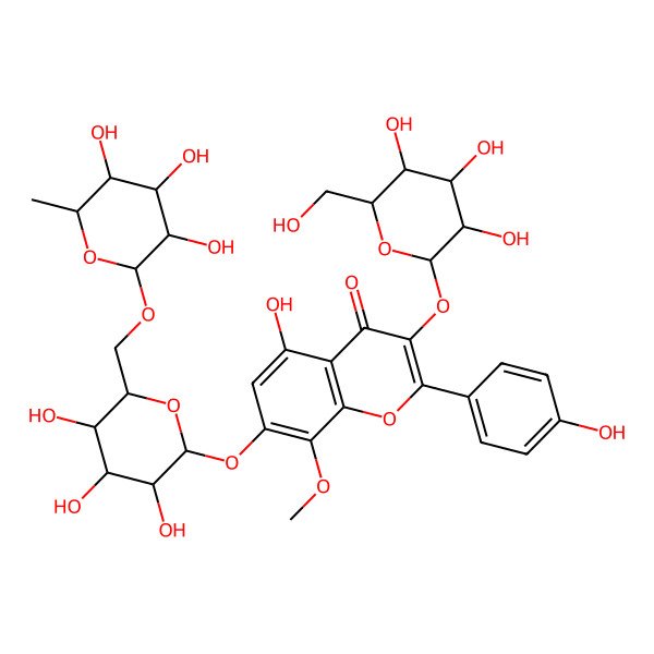 2D Structure of 5-hydroxy-2-(4-hydroxyphenyl)-8-methoxy-3-[(2S,3R,4S,5S,6R)-3,4,5-trihydroxy-6-(hydroxymethyl)oxan-2-yl]oxy-7-[(2S,3R,4S,5S,6R)-3,4,5-trihydroxy-6-[[(2R,3R,4R,5R,6S)-3,4,5-trihydroxy-6-methyloxan-2-yl]oxymethyl]oxan-2-yl]oxychromen-4-one