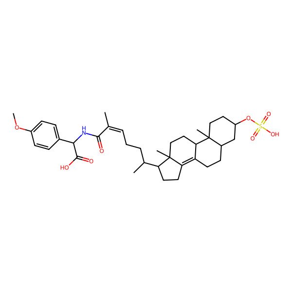 2D Structure of (2S)-2-[[(E,6R)-6-[(3S,5S,9R,10S,13R,17R)-10,13-dimethyl-3-sulfooxy-2,3,4,5,6,7,9,11,12,15,16,17-dodecahydro-1H-cyclopenta[a]phenanthren-17-yl]-2-methylhept-2-enoyl]amino]-2-(4-methoxyphenyl)acetic acid