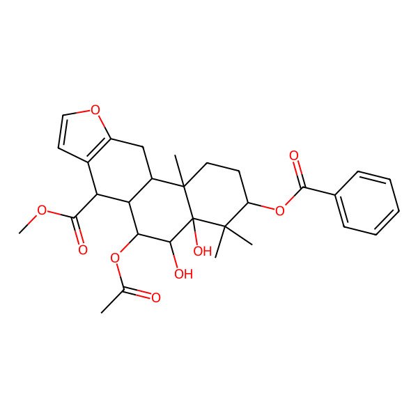 2D Structure of methyl (3S,4aS,5R,6R,6aS,7S,11aS,11bR)-6-acetyloxy-3-benzoyloxy-4a,5-dihydroxy-4,4,11b-trimethyl-2,3,5,6,6a,7,11,11a-octahydro-1H-naphtho[2,1-f][1]benzofuran-7-carboxylate