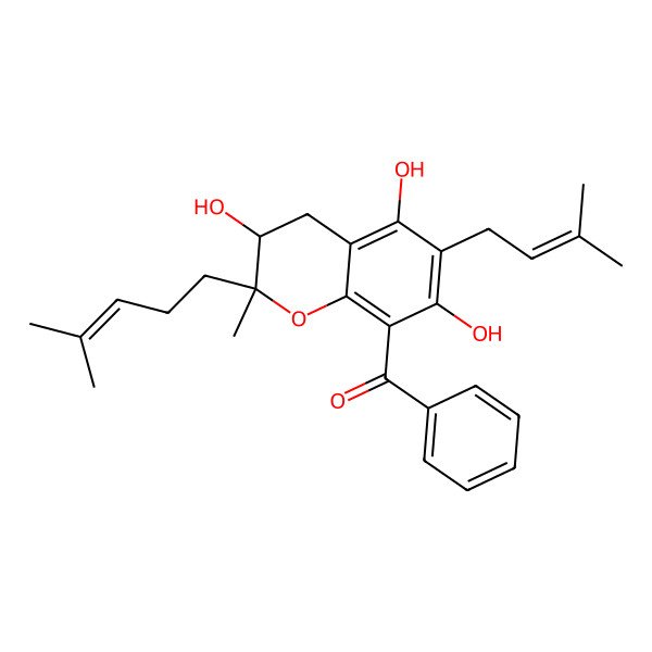 2D Structure of Phenyl-[3,5,7-trihydroxy-2-methyl-6-(3-methylbut-2-enyl)-2-(4-methylpent-3-enyl)-3,4-dihydrochromen-8-yl]methanone