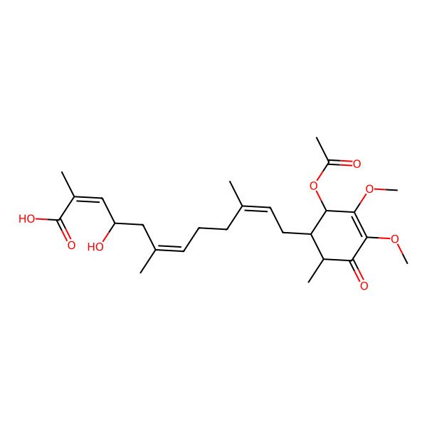 2D Structure of 12-(2-Acetyloxy-3,4-dimethoxy-6-methyl-5-oxocyclohex-3-en-1-yl)-4-hydroxy-2,6,10-trimethyldodeca-2,6,10-trienoic acid