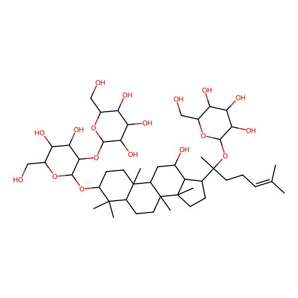 2D Structure of (2S,3R,4S,5S,6R)-2-[(2R,3R,4S,5S,6R)-4,5-dihydroxy-6-(hydroxymethyl)-2-[[(3S,5R,8R,9R,10R,12R,13S,14R,17S)-12-hydroxy-4,4,8,10,14-pentamethyl-17-[(2S)-6-methyl-2-[(2S,3R,4S,5S,6R)-3,4,5-trihydroxy-6-(hydroxymethyl)oxan-2-yl]oxyhept-5-en-2-yl]-2,3,5,6,7,9,11,12,13,15,16,17-dodecahydro-1H-cyclopenta[a]phenanthren-3-yl]oxy]oxan-3-yl]oxy-6-(hydroxymethyl)oxane-3,4,5-triol