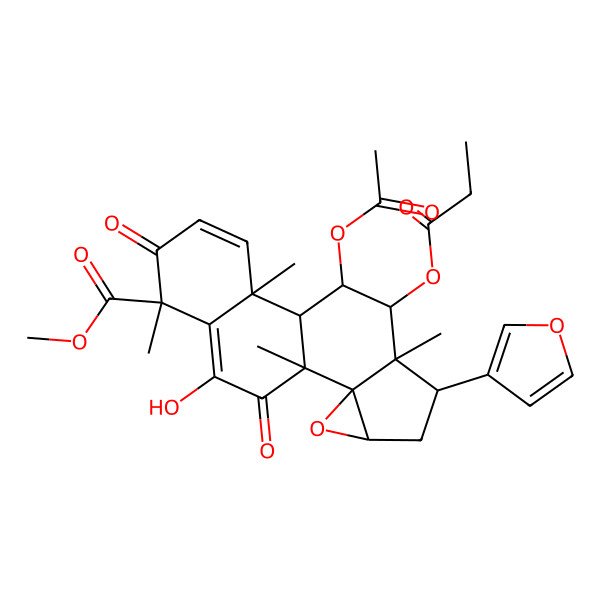 2D Structure of 24-Norchola-1,5,20,22-tetraene-4-carboxylic acid, 11-(acetyloxy)-14,15,21,23-diepoxy-6-hydroxy-4,8-dimethyl-3,7-dioxo-12-(1-oxopropoxy)-, methyl ester, (4beta,11beta,12alpha,13alpha,14beta,15beta,17alpha)-