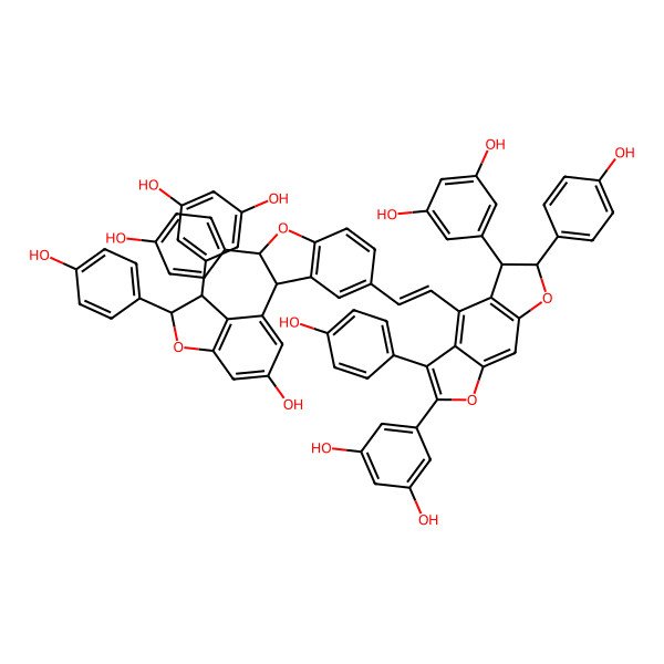 2D Structure of 5-[(2S,3S)-4-[(2R,3R)-5-[(E)-2-[(5S,6S)-2,5-bis(3,5-dihydroxyphenyl)-3,6-bis(4-hydroxyphenyl)-5,6-dihydrofuro[3,2-f][1]benzofuran-4-yl]ethenyl]-2-(4-hydroxyphenyl)-2,3-dihydro-1-benzofuran-3-yl]-6-hydroxy-2-(4-hydroxyphenyl)-2,3-dihydro-1-benzofuran-3-yl]benzene-1,3-diol