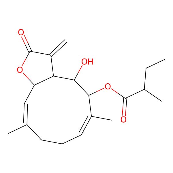 2D Structure of [(3aR,4R,5R,6E,10E,11aS)-4-hydroxy-6,10-dimethyl-3-methylidene-2-oxo-3a,4,5,8,9,11a-hexahydrocyclodeca[b]furan-5-yl] (2R)-2-methylbutanoate