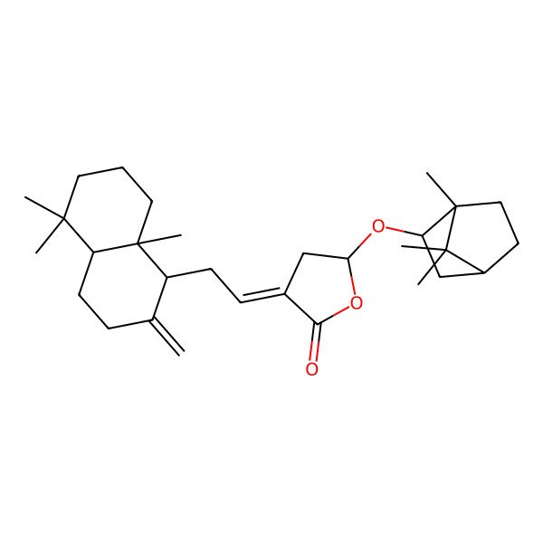 2D Structure of (3E,5R)-3-[2-[(1S,4aS,8aS)-5,5,8a-trimethyl-2-methylidene-3,4,4a,6,7,8-hexahydro-1H-naphthalen-1-yl]ethylidene]-5-[[(1S,2R,4S)-1,7,7-trimethyl-2-bicyclo[2.2.1]heptanyl]oxy]oxolan-2-one