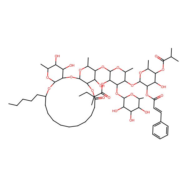 2D Structure of [5-[4-Hydroxy-6-methyl-5-(2-methylpropanoyloxy)-3-(3-phenylprop-2-enoyloxy)oxan-2-yl]oxy-6-methyl-2-[(7,25,26-trihydroxy-5,24-dimethyl-10-oxo-20-pentyl-2,4,9,21,23-pentaoxatricyclo[20.4.0.03,8]hexacosan-6-yl)oxy]-4-(3,4,5-trihydroxy-6-methyloxan-2-yl)oxyoxan-3-yl] 2-methylbutanoate