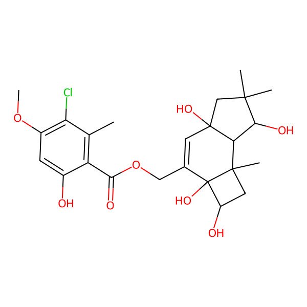 2D Structure of (2,2a,4a,7-tetrahydroxy-6,6,7b-trimethyl-2,5,7,7a-tetrahydro-1H-cyclobuta[e]inden-3-yl)methyl 3-chloro-6-hydroxy-4-methoxy-2-methylbenzoate