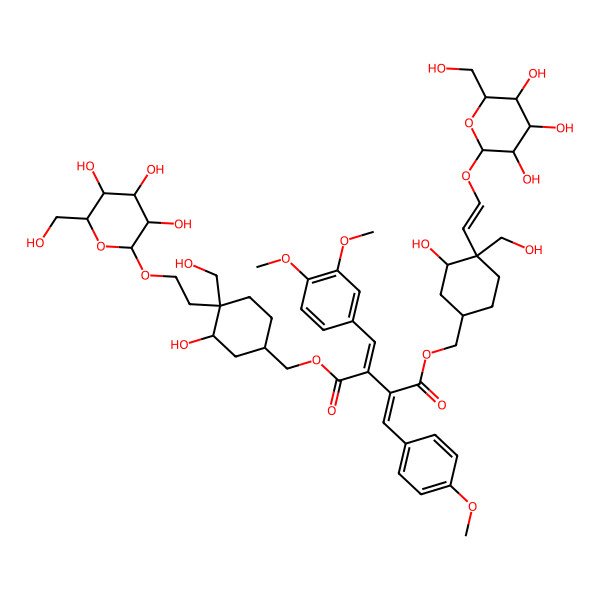 2D Structure of 1-O-[[(1S,3S,4R)-3-hydroxy-4-(hydroxymethyl)-4-[(Z)-2-[(2R,3R,4S,5S,6R)-3,4,5-trihydroxy-6-(hydroxymethyl)oxan-2-yl]oxyethenyl]cyclohexyl]methyl] 4-O-[[(1S,3S,4R)-3-hydroxy-4-(hydroxymethyl)-4-[2-[(2R,3R,4S,5S,6R)-3,4,5-trihydroxy-6-(hydroxymethyl)oxan-2-yl]oxyethyl]cyclohexyl]methyl] (2E,3E)-3-[(3,4-dimethoxyphenyl)methylidene]-2-[(4-methoxyphenyl)methylidene]butanedioate
