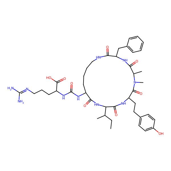 2D Structure of (2S)-2-[[(3S,6S,9S,12S,15R)-3-Benzyl-12-[(2R)-butan-2-yl]-9-[2-(4-hydroxyphenyl)ethyl]-6,7-dimethyl-2,5,8,11,14-pentaoxo-1,4,7,10,13-pentazacyclononadec-15-yl]carbamoylamino]-5-(diaminomethylideneamino)pentanoic acid