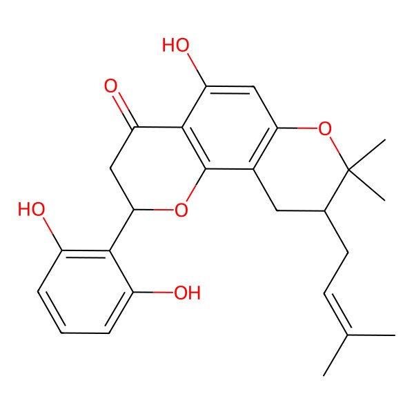 2D Structure of (2S,9R)-2-(2,6-dihydroxyphenyl)-5-hydroxy-8,8-dimethyl-9-(3-methylbut-2-enyl)-2,3,9,10-tetrahydropyrano[2,3-h]chromen-4-one