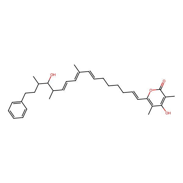 2D Structure of 4-hydroxy-6-[(1E,7E,9E,11E)-14-hydroxy-9,13,15-trimethyl-17-phenylheptadeca-1,7,9,11-tetraenyl]-3,5-dimethylpyran-2-one
