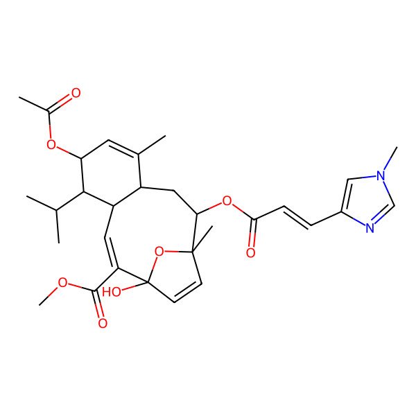 2D Structure of methyl (1S,2E,4R,5S,6R,9S,11R,12R)-6-acetyloxy-1-hydroxy-8,12-dimethyl-11-[(E)-3-(1-methylimidazol-4-yl)prop-2-enoyl]oxy-5-propan-2-yl-15-oxatricyclo[10.2.1.04,9]pentadeca-2,7,13-triene-2-carboxylate