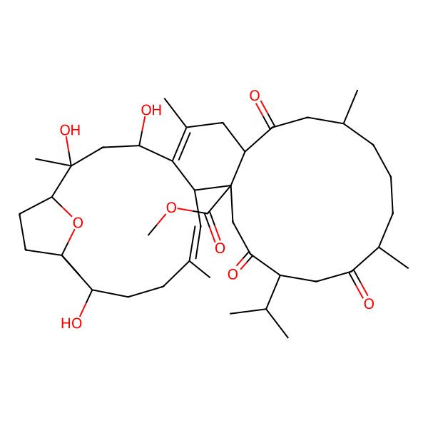 2D Structure of methyl (1R,2S,4R,8S,11S,15R,18S,21S,22S,23E,27R,28S)-2,4,27-trihydroxy-2,6,11,15,24,28-hexamethyl-9,16,19-trioxo-18-propan-2-yl-31-oxatetracyclo[26.2.1.05,22.08,21]hentriaconta-5,23-diene-21-carboxylate