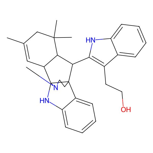 2D Structure of 2-[2-(12,14,14,19-tetramethyl-8,19-diazapentacyclo[7.7.3.01,9.02,7.010,15]nonadeca-2,4,6,11-tetraen-16-yl)-1H-indol-3-yl]ethanol