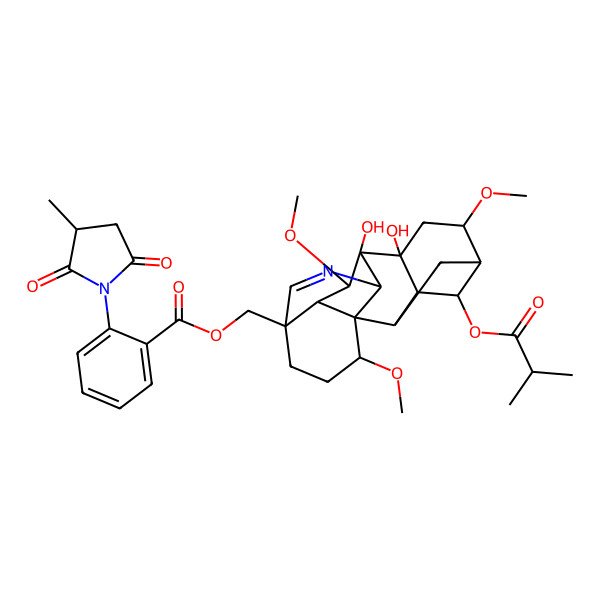 2D Structure of [8,9-Dihydroxy-6,16,18-trimethoxy-4-(2-methylpropanoyloxy)-11-azahexacyclo[7.7.2.12,5.01,10.03,8.013,17]nonadec-11-en-13-yl]methyl 2-(3-methyl-2,5-dioxopyrrolidin-1-yl)benzoate