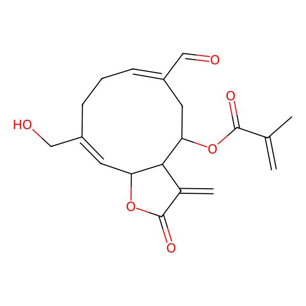 2D Structure of [(3aR,4S,6E,10Z,11aR)-6-formyl-10-(hydroxymethyl)-3-methylidene-2-oxo-3a,4,5,8,9,11a-hexahydrocyclodeca[b]furan-4-yl] 2-methylprop-2-enoate