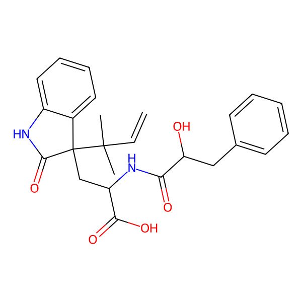 2D Structure of 2-[(2-hydroxy-3-phenylpropanoyl)amino]-3-[3-(2-methylbut-3-en-2-yl)-2-oxo-1H-indol-3-yl]propanoic acid