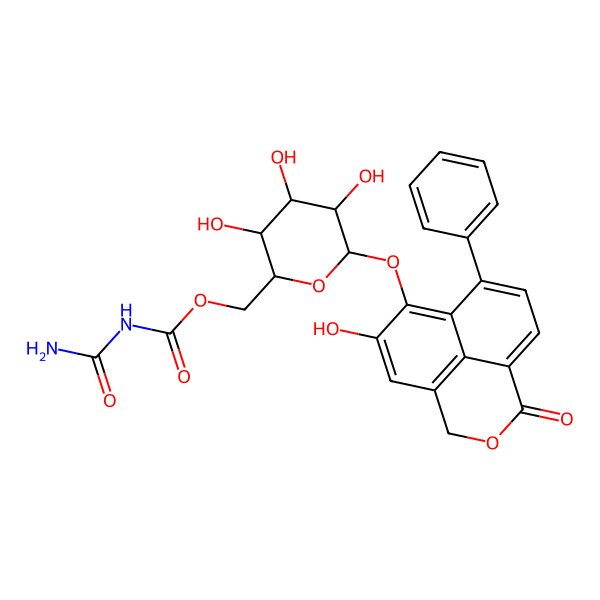 2D Structure of [(2R,3S,4S,5R,6S)-3,4,5-trihydroxy-6-[(7-hydroxy-2-oxo-10-phenyl-3-oxatricyclo[7.3.1.05,13]trideca-1(13),5,7,9,11-pentaen-8-yl)oxy]oxan-2-yl]methyl N-carbamoylcarbamate