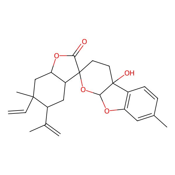2D Structure of (3S,3aR,4'aS,5R,6R,7aS,9'aR)-6-ethenyl-4'a-hydroxy-6,7'-dimethyl-5-prop-1-en-2-ylspiro[4,5,7,7a-tetrahydro-3aH-1-benzofuran-3,2'-4,9a-dihydro-3H-pyrano[2,3-b][1]benzofuran]-2-one