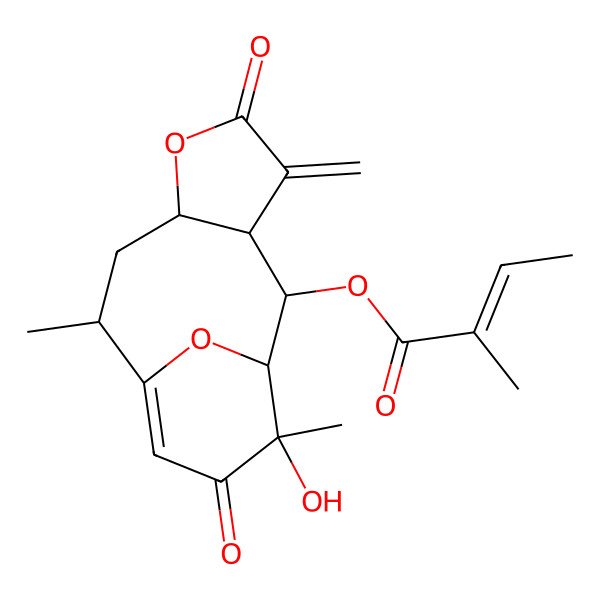 2D Structure of (13-Hydroxy-9,13-dimethyl-4-methylidene-5,12-dioxo-6,14-dioxatricyclo[8.3.1.03,7]tetradec-10-en-2-yl) 2-methylbut-2-enoate