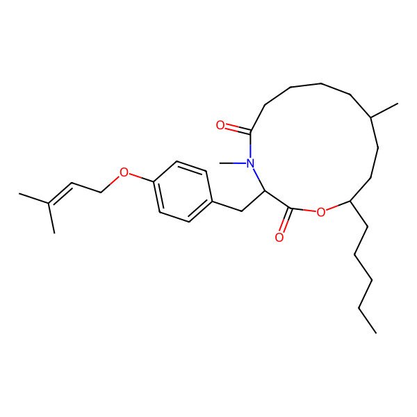 2D Structure of 4,10-Dimethyl-3-[[4-(3-methylbut-2-enoxy)phenyl]methyl]-13-pentyl-1-oxa-4-azacyclotridecane-2,5-dione