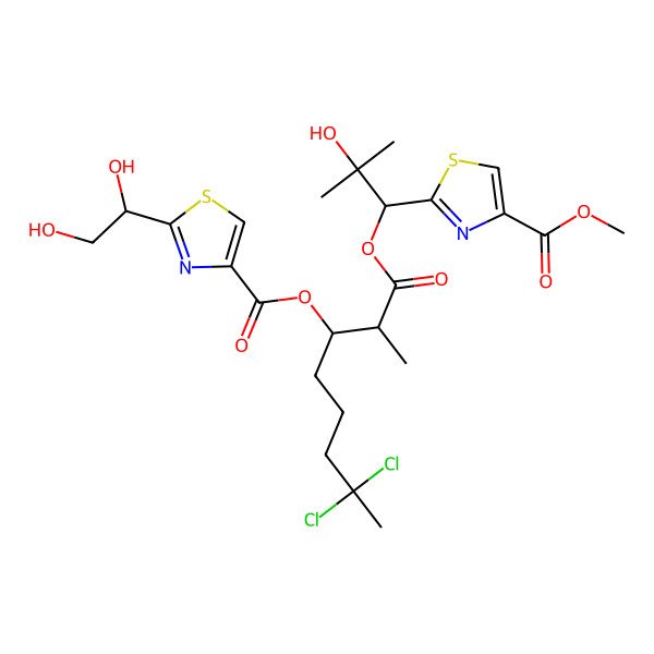 2D Structure of [7,7-Dichloro-1-[2-hydroxy-1-(4-methoxycarbonyl-1,3-thiazol-2-yl)-2-methylpropoxy]-2-methyl-1-oxooctan-3-yl] 2-(1,2-dihydroxyethyl)-1,3-thiazole-4-carboxylate