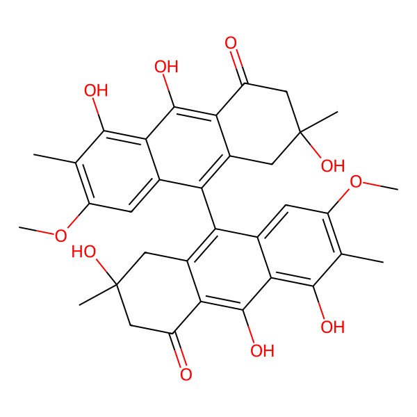 2D Structure of 3,8,9-Trihydroxy-6-methoxy-3,7-dimethyl-10-(2,5,10-trihydroxy-7-methoxy-2,6-dimethyl-4-oxo-1,3-dihydroanthracen-9-yl)-2,4-dihydroanthracen-1-one