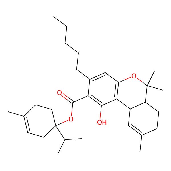 2D Structure of [(1R)-4-methyl-1-propan-2-ylcyclohex-3-en-1-yl] (6aR,10aR)-1-hydroxy-6,6,9-trimethyl-3-pentyl-6a,7,8,10a-tetrahydrobenzo[c]chromene-2-carboxylate