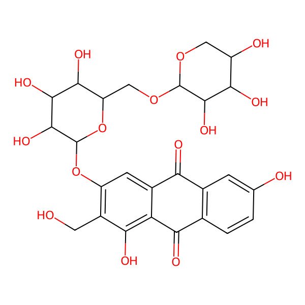 2D Structure of 1,6-dihydroxy-2-(hydroxymethyl)-3-[(2S,3R,4S,5S,6R)-3,4,5-trihydroxy-6-[[(2S,3R,4S,5R)-3,4,5-trihydroxyoxan-2-yl]oxymethyl]oxan-2-yl]oxyanthracene-9,10-dione