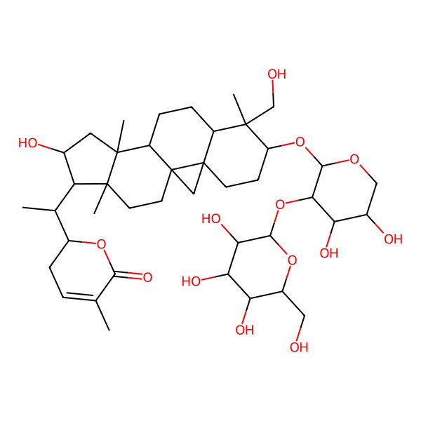2D Structure of (2S)-2-[(1S)-1-[(1S,3R,6S,7R,8R,11S,12S,14R,15R,16R)-6-[(2S,3R,4S,5S)-4,5-dihydroxy-3-[(2S,3R,4S,5S,6R)-3,4,5-trihydroxy-6-(hydroxymethyl)oxan-2-yl]oxyoxan-2-yl]oxy-14-hydroxy-7-(hydroxymethyl)-7,12,16-trimethyl-15-pentacyclo[9.7.0.01,3.03,8.012,16]octadecanyl]ethyl]-5-methyl-2,3-dihydropyran-6-one