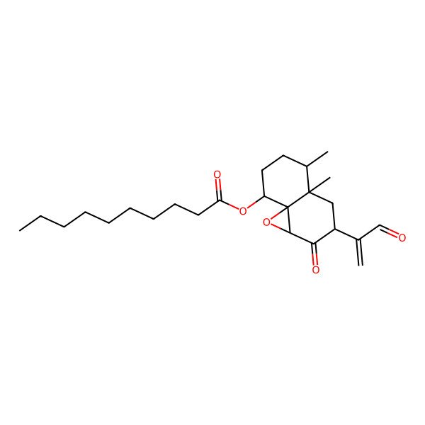 2D Structure of [4a,5-dimethyl-2-oxo-3-(3-oxoprop-1-en-2-yl)-3,4,5,6,7,8-hexahydro-1aH-naphtho[8,8a-b]oxiren-8-yl] decanoate