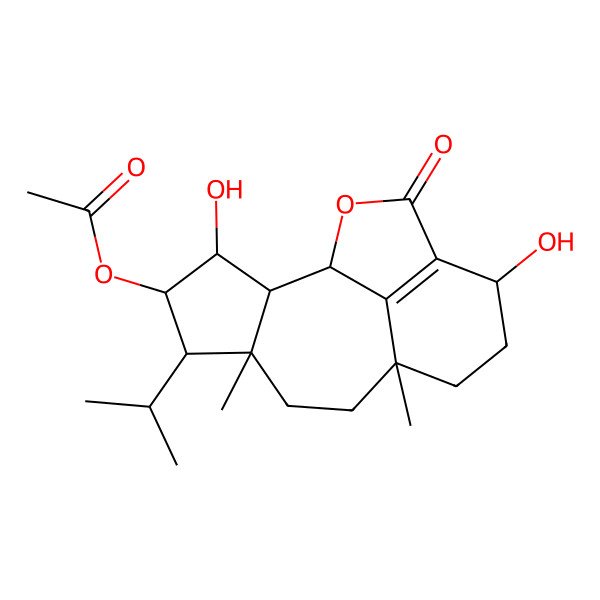 2D Structure of (3,12-Dihydroxy-6,9-dimethyl-14-oxo-5-propan-2-yl-15-oxatetracyclo[7.6.1.02,6.013,16]hexadec-13(16)-en-4-yl) acetate