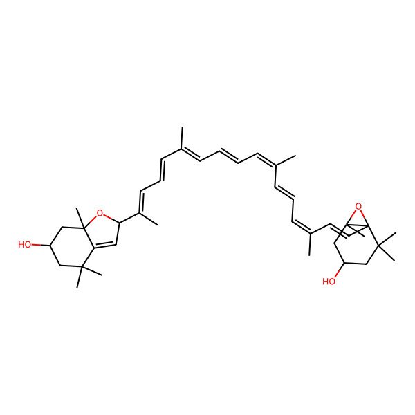 2D Structure of 2-[(2Z,4E,6E,8E,10E,12E,14E,16E)-17-(4-hydroxy-2,2,6-trimethyl-7-oxabicyclo[4.1.0]heptan-1-yl)-6,11,15-trimethylheptadeca-2,4,6,8,10,12,14,16-octaen-2-yl]-4,4,7a-trimethyl-2,5,6,7-tetrahydro-1-benzofuran-6-ol