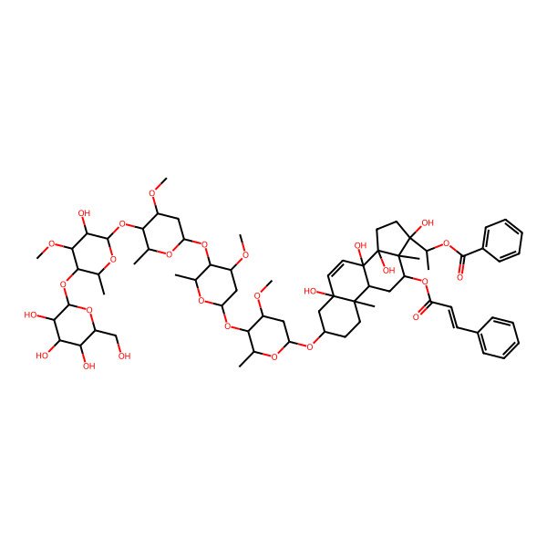 2D Structure of 1-[(3S,5S,8S,9R,10R,12R,13R,14R,17S)-5,8,14,17-tetrahydroxy-3-[(2R,4S,5R,6R)-5-[(2S,4S,5R,6R)-5-[(2S,4R,5R,6R)-5-[(2S,3R,4S,5R,6R)-3-hydroxy-4-methoxy-6-methyl-5-[(2S,3R,4S,5S,6R)-3,4,5-trihydroxy-6-(hydroxymethyl)oxan-2-yl]oxyoxan-2-yl]oxy-4-methoxy-6-methyloxan-2-yl]oxy-4-methoxy-6-methyloxan-2-yl]oxy-4-methoxy-6-methyloxan-2-yl]oxy-10,13-dimethyl-12-[(E)-3-phenylprop-2-enoyl]oxy-2,3,4,9,11,12,15,16-octahydro-1H-cyclopenta[a]phenanthren-17-yl]ethyl benzoate