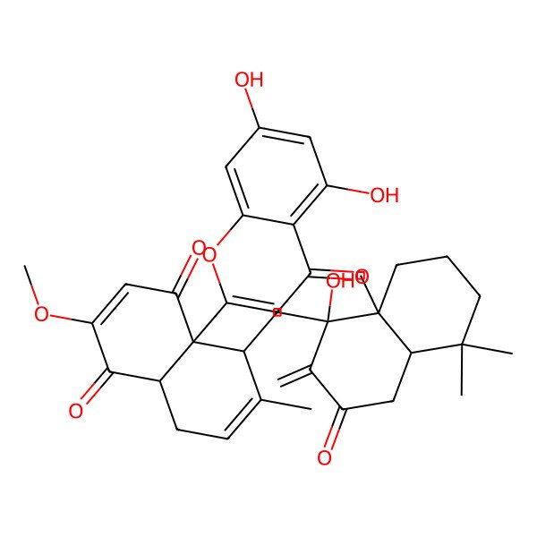 2D Structure of (4aR,8R,8aS)-8-[[(1S,4aS,8aS)-1-hydroxy-5,5,8a-trimethyl-2-methylidene-3-oxo-4a,6,7,8-tetrahydro-4H-naphthalen-1-yl]methyl]-8a-(5,7-dihydroxy-4-oxochromen-2-yl)-3-methoxy-7-methyl-5,8-dihydro-4aH-naphthalene-1,4-dione