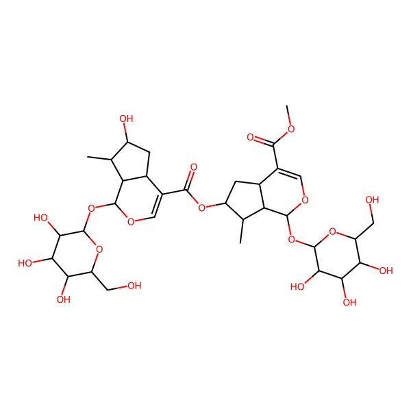 2D Structure of [(1S,4aR,6R,7R,7aR)-4-methoxycarbonyl-7-methyl-1-[(2R,3S,4R,5R,6R)-3,4,5-trihydroxy-6-(hydroxymethyl)oxan-2-yl]oxy-1,4a,5,6,7,7a-hexahydrocyclopenta[c]pyran-6-yl] (1R,4aS,6S,7S,7aS)-6-hydroxy-7-methyl-1-[(2R,3S,4S,5R,6S)-3,4,5-trihydroxy-6-(hydroxymethyl)oxan-2-yl]oxy-1,4a,5,6,7,7a-hexahydrocyclopenta[c]pyran-4-carboxylate