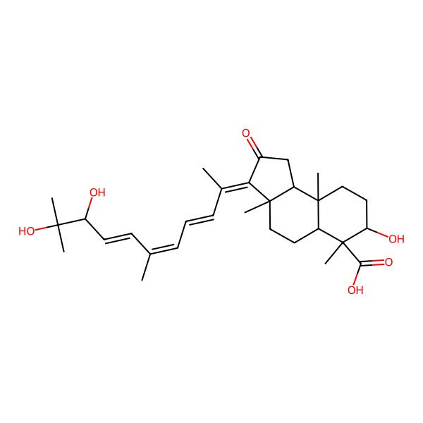 2D Structure of (3aS,5aR,6R,7R,9aR,9bS)-3-[(7E)-9,10-dihydroxy-6,10-dimethylundeca-3,5,7-trien-2-ylidene]-7-hydroxy-3a,6,9a-trimethyl-2-oxo-1,4,5,5a,7,8,9,9b-octahydrocyclopenta[a]naphthalene-6-carboxylic acid