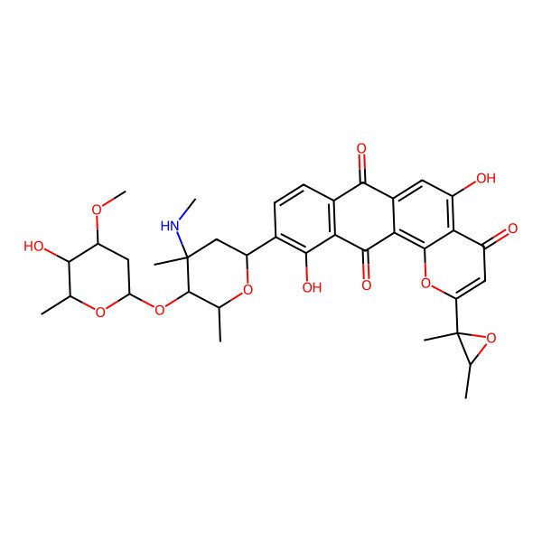 2D Structure of 2-(2,3-Dimethyloxiran-2-yl)-5,11-dihydroxy-10-[5-(5-hydroxy-4-methoxy-6-methyloxan-2-yl)oxy-4,6-dimethyl-4-(methylamino)oxan-2-yl]naphtho[2,3-h]chromene-4,7,12-trione