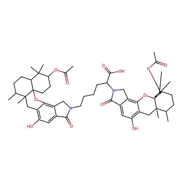 2D Structure of 2,6-Bis(19-acetyloxy-10-hydroxy-13,14,18,18-tetramethyl-7-oxo-2-oxa-6-azapentacyclo[11.8.0.01,17.03,11.04,8]henicosa-3,8,10-trien-6-yl)hexanoic acid