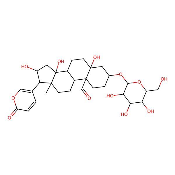 2D Structure of (3S,5S,8R,9S,10S,13R,14S,16S,17R)-5,14,16-trihydroxy-13-methyl-17-(6-oxopyran-3-yl)-3-[(2R,3R,4S,5S,6R)-3,4,5-trihydroxy-6-(hydroxymethyl)oxan-2-yl]oxy-2,3,4,6,7,8,9,11,12,15,16,17-dodecahydro-1H-cyclopenta[a]phenanthrene-10-carbaldehyde
