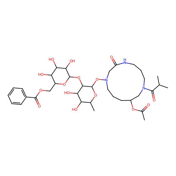 2D Structure of [(2R,3S,4S,5R,6S)-6-[(2S,3R,4R,5R,6S)-2-[[(10R)-10-acetyloxy-8-(2-methylpropanoyl)-3-oxo-1,4,8-triazacyclotridec-1-yl]oxy]-4,5-dihydroxy-6-methyloxan-3-yl]oxy-3,4,5-trihydroxyoxan-2-yl]methyl benzoate