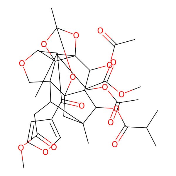2D Structure of [(1R,2R,3R,5R,8S,9R,11R,13R,15R,16S,17S,18S,20S)-17,18-diacetyloxy-3-(furan-3-carbonyl)-2,20-bis(2-methoxy-2-oxoethyl)-3,11,15-trimethyl-6,10,12,19-tetraoxaheptacyclo[9.7.1.18,15.01,9.05,9.08,13.013,17]icosan-16-yl] 2-methylpropanoate