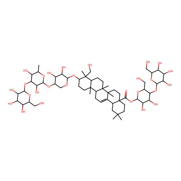 2D Structure of [3,4-Dihydroxy-6-(hydroxymethyl)-5-[3,4,5-trihydroxy-6-(hydroxymethyl)oxan-2-yl]oxyoxan-2-yl] 10-[5-[3,5-dihydroxy-6-methyl-4-[3,4,5-trihydroxy-6-(hydroxymethyl)oxan-2-yl]oxyoxan-2-yl]oxy-3,4-dihydroxyoxan-2-yl]oxy-9-(hydroxymethyl)-2,2,6a,6b,9,12a-hexamethyl-1,3,4,5,6,6a,7,8,8a,10,11,12,13,14b-tetradecahydropicene-4a-carboxylate