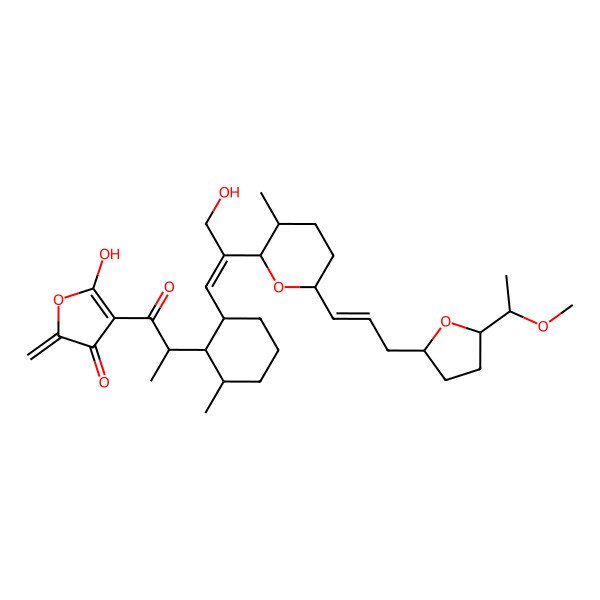 2D Structure of 5-hydroxy-4-[(2R)-2-[(2R,6S)-2-[(E)-3-hydroxy-2-[(3S,6R)-6-[(E)-3-[(2S,5S)-5-[(1R)-1-methoxyethyl]oxolan-2-yl]prop-1-enyl]-3-methyloxan-2-yl]prop-1-enyl]-6-methylcyclohexyl]propanoyl]-2-methylidenefuran-3-one